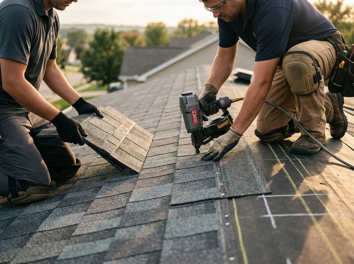 Professional roofer working on a residential roof in Stroud